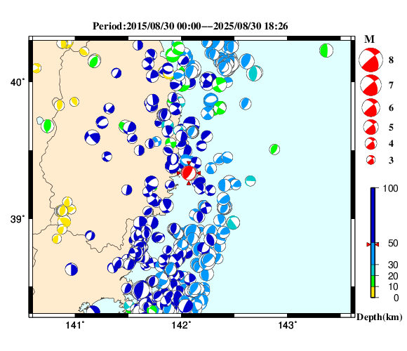 過去に起きた地震の初動発震機構解