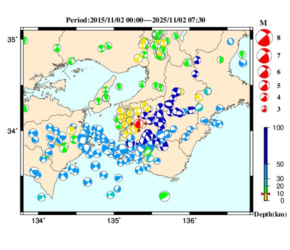 過去に起きた地震の初動発震機構解