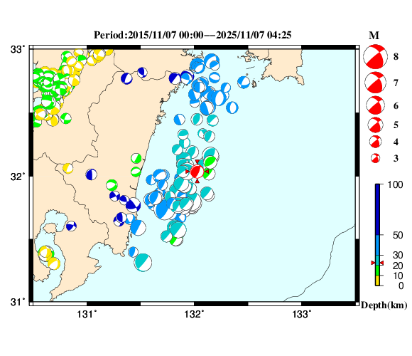 過去に起きた地震の初動発震機構解