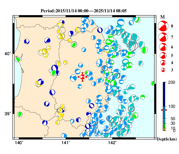 過去に起きた地震の初動発震機構解