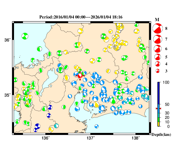 過去に起きた地震の初動発震機構解