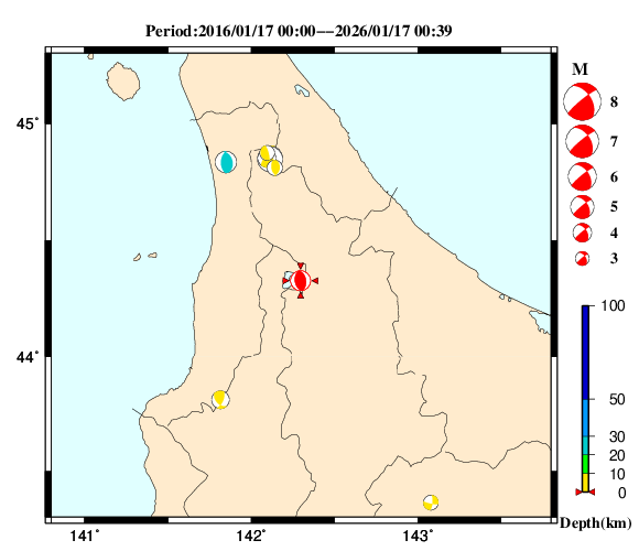 過去に起きた地震の初動発震機構解