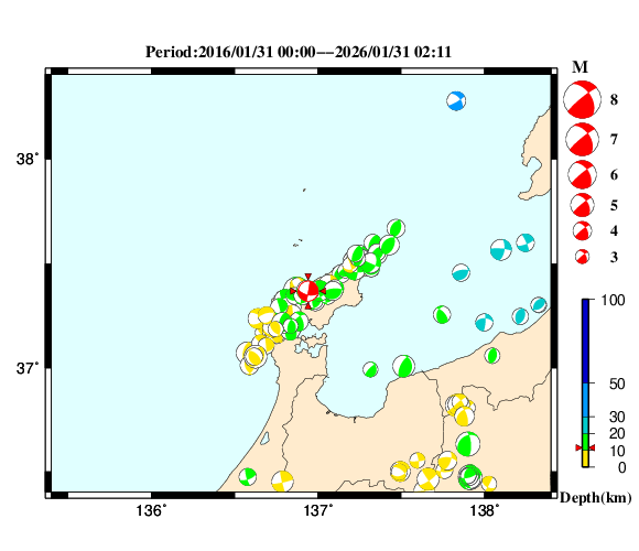 過去に起きた地震の初動発震機構解