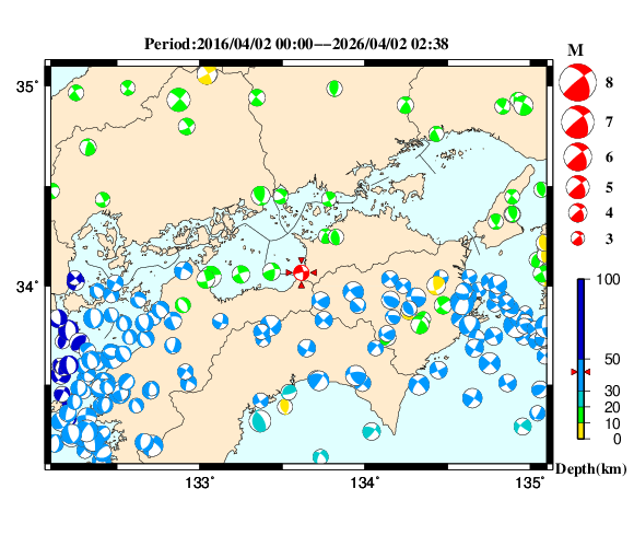 過去に起きた地震の初動発震機構解