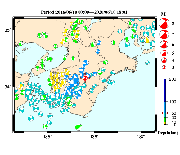 過去に起きた地震の初動発震機構解