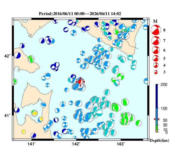 過去に起きた地震の初動発震機構解