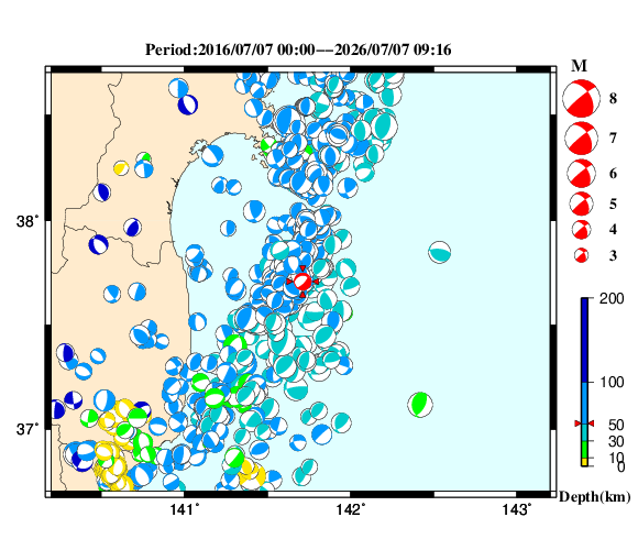過去に起きた地震の初動発震機構解