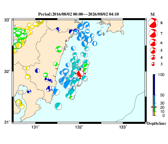 過去に起きた地震の初動発震機構解