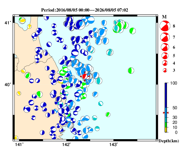 過去に起きた地震の初動発震機構解