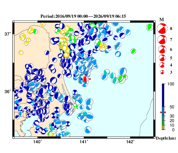 過去に起きた地震の初動発震機構解