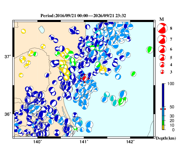 過去に起きた地震の初動発震機構解