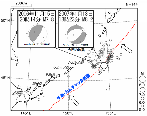 今回の地震の震央付近の震央分布図(2006年9月1日~2007年1月31日、深さ100km以浅、M5.0以上)