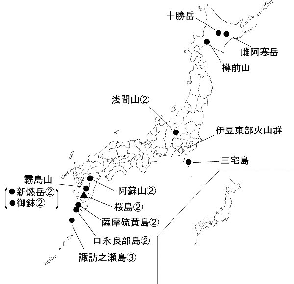図１ 　各火山の今期間の火山活動度レベル及び記事を掲載した火山