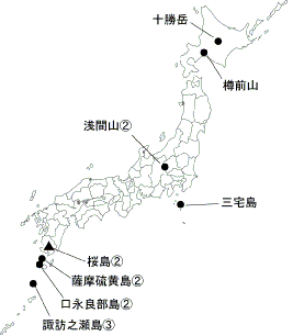 図１ 　各火山の今期間の火山活動度レベル及び記事を掲載した火山