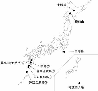 図１ 　各火山の今期間の火山活動度レベル及び記事を掲載した火山