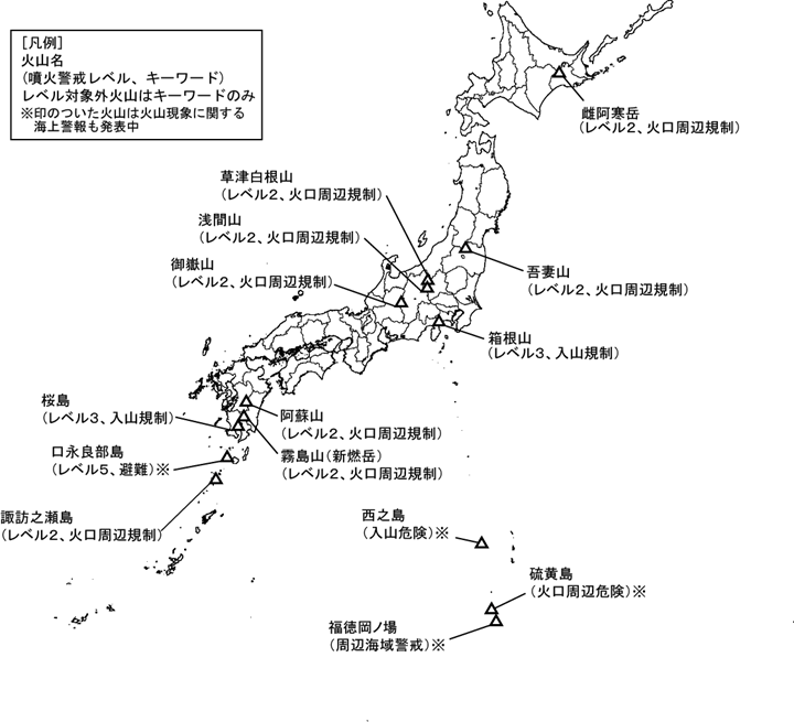 図１　噴火警報発表中の火山