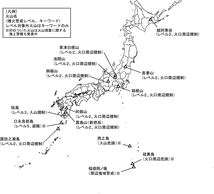 図１　噴火警報発表中の火山