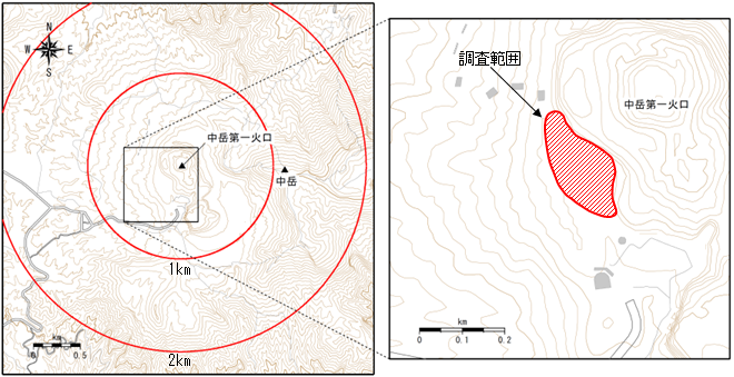 阿蘇山　７日に現地調査を実施した範囲