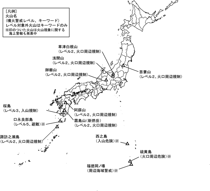 図1 噴火警報発表中の火山