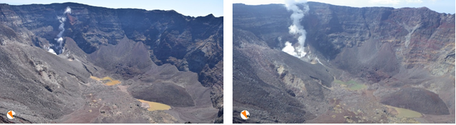 三宅島　山頂火口内の状況（左：2016年５月12日、右：2016年４月６日）