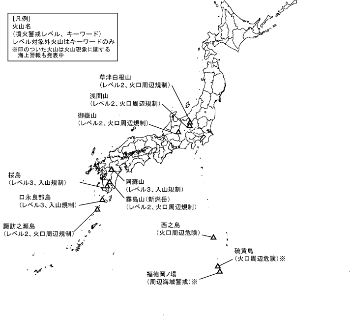 図１　噴火警報発表中の火山