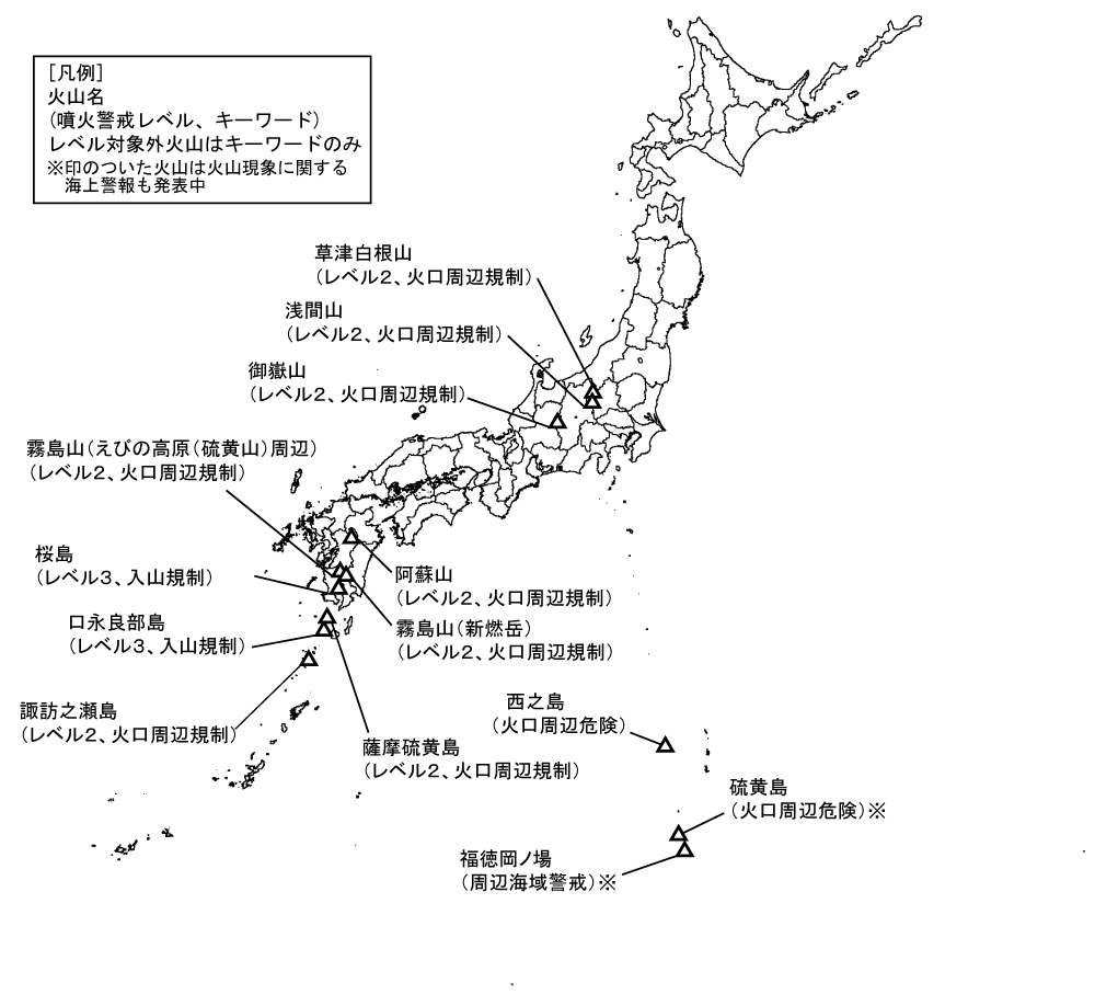 図1 噴火警報発表中の火山