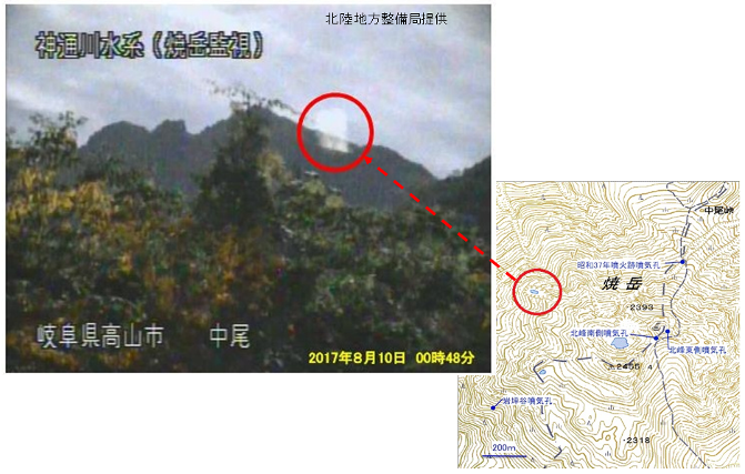 焼岳　山頂の西側で観測した白色噴気（赤丸）
　　（焼岳北監視カメラ、焼岳の北北西約５km）
