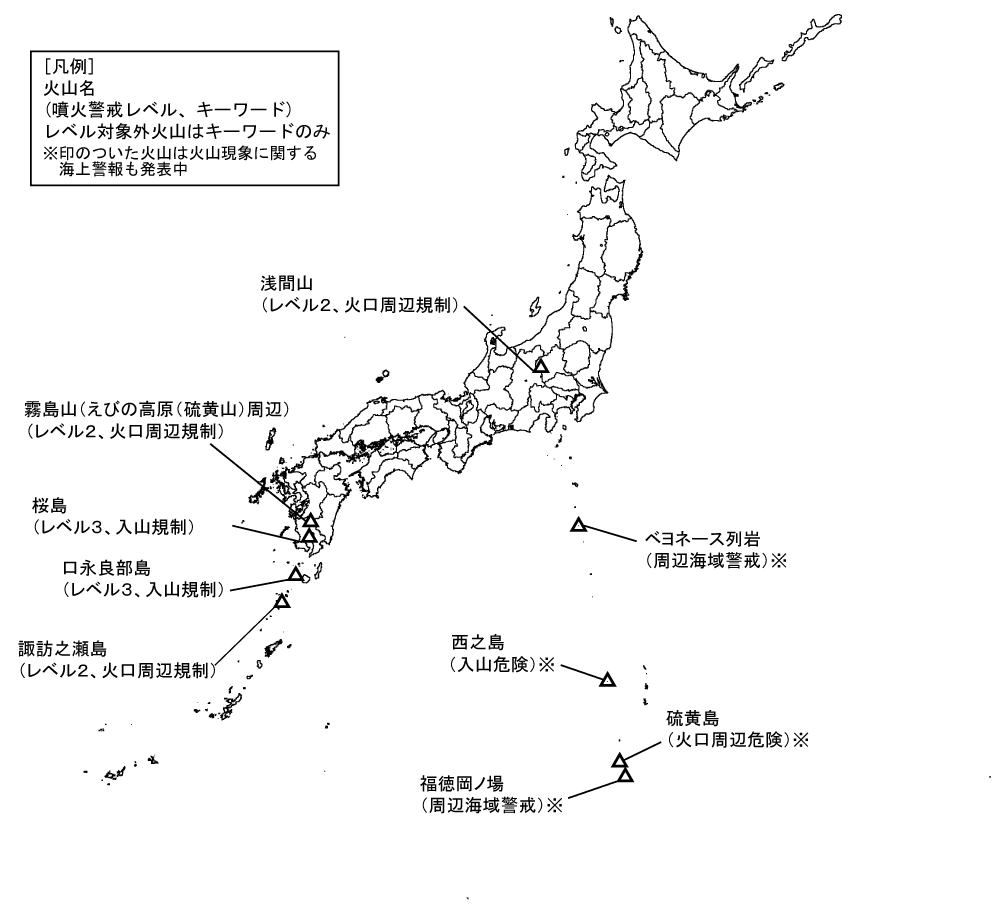 図１　噴火警報発表中の火山