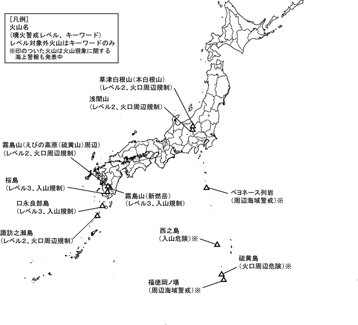 図１　噴火警報発表中の火山